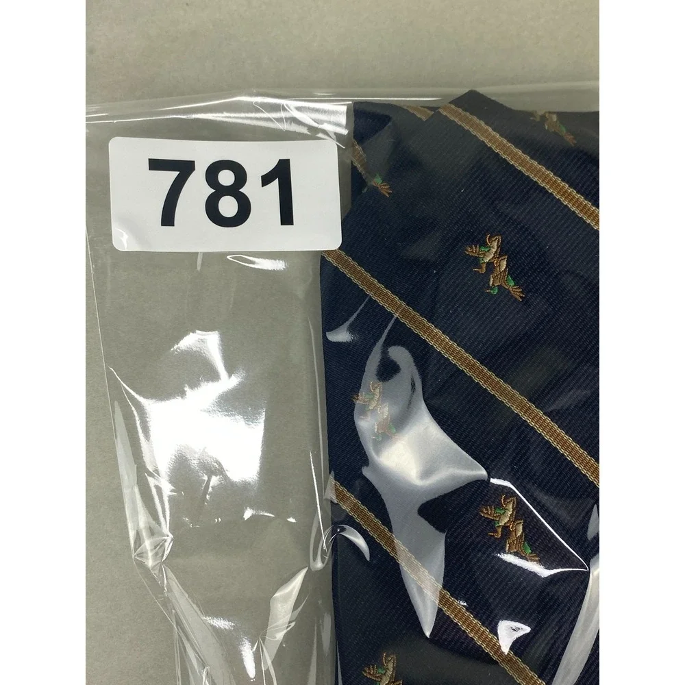 Robert Talbott‎ Mens Tie Navy Gold Silk Mallard Duck Stripe England 56x4